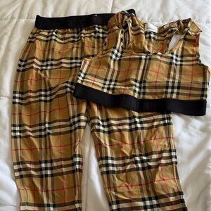 Burberry Tan Plaid Two-Piece Lounge Set with Black Trim